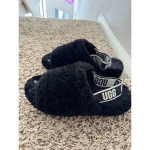 UGG Fluff Yeah Slide Slippers Black Sheepskin Fur Platform Women's